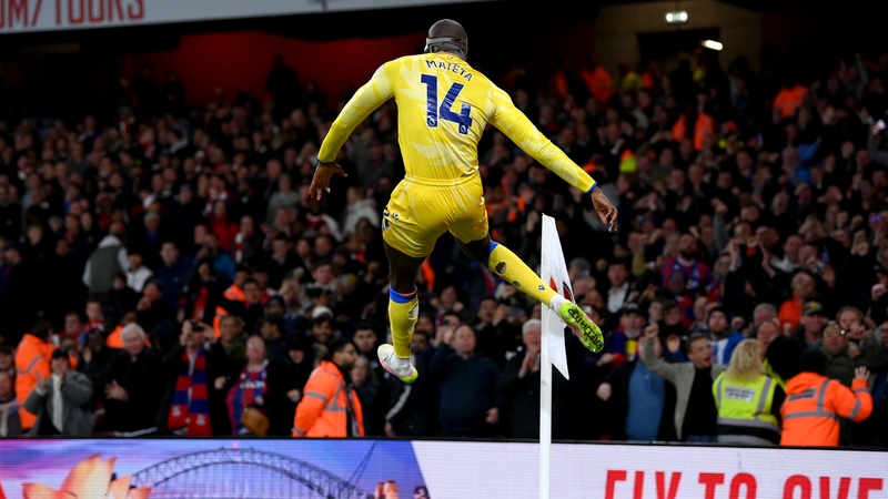 Jean-Philippe Mateta celebrates after scoring an audacious lob against Arsenal