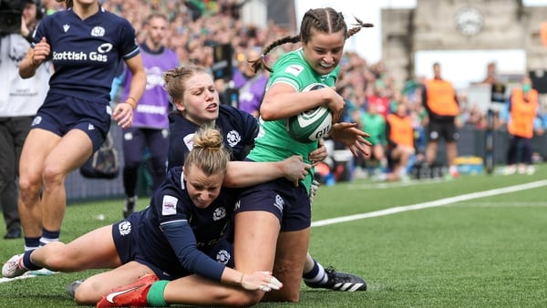 Katie Corrigan scores one of Ireland's tries in their 15-12 win against Scotland in 2024