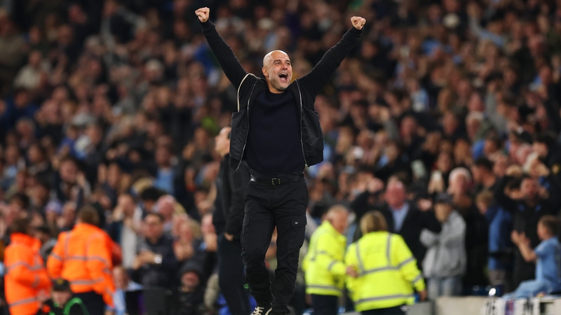 Pep Guardiola celebrates Man City's winning goal against Aston Villa