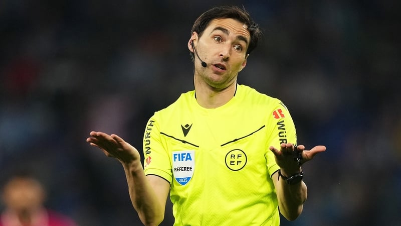 Referee Ricardo de Burgos Bengoetxea gestures during the La Liga match between Espanyol and Getafe
