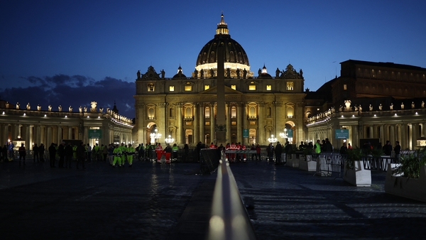 St Peter's Basilica at dusk on the final day that Pope Francis is lying in state