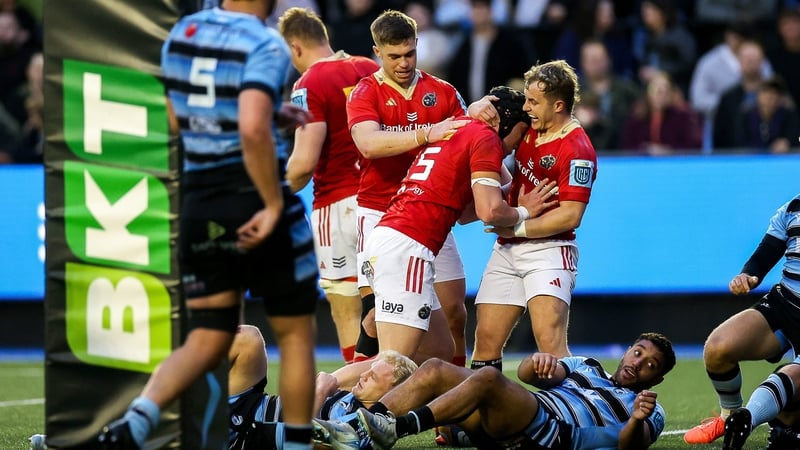 Mike Haley celebrates his try against Cardiff with Munster team-mates