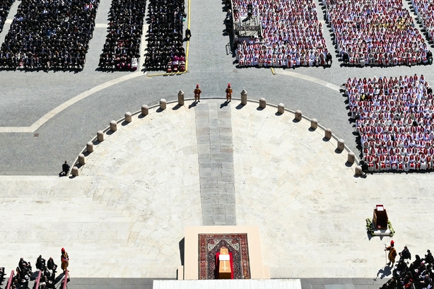 A photograph taken from St Peter Basilica shows a general view of late Pope Francis' coffin during the funeral ceremony 