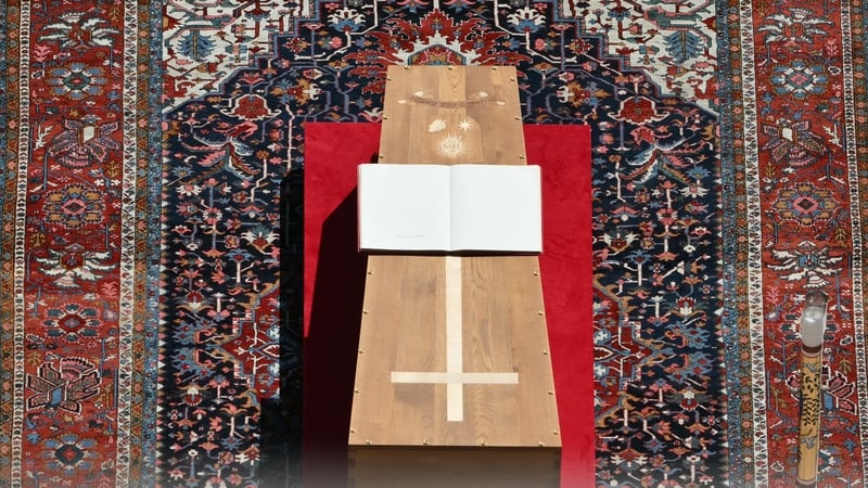 A photograph taken from St Peter's Basilica shows a view of Pope Francis's coffin during the funeral ceremony