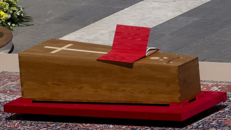 The coffin is displayed during the funeral of Pope Francis in St Peter's Square