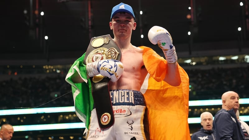 Aaron McKenna celebrates after beating Liam Smith in their middleweight contest at Tottenham Hotspur Stadium