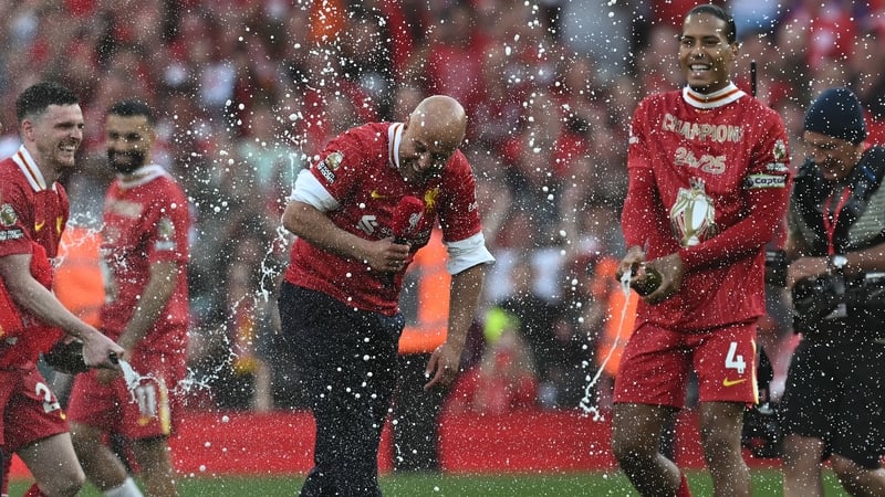 Arne Slot's Liverpool players give their boss a champagne shower