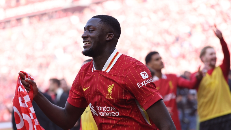 Ibrahima Konate celebrates Liverpool's title win
