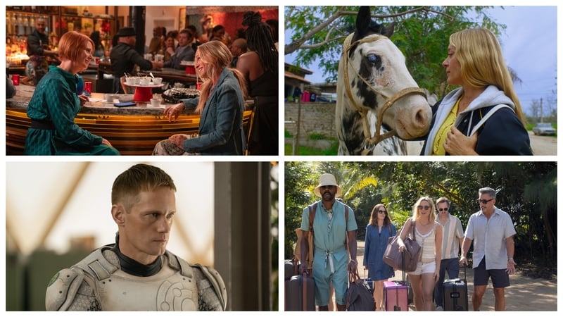 Clockwise from top left: And Just Like That... Magic Farm, The Four Seasons and Murderbot among May's must-watch releases
