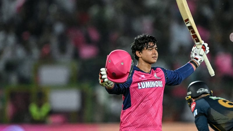 Rajasthan Royals' Vaibhav Suryavanshi celebrates after scoring the second-fastest century in Indian Premier League history
