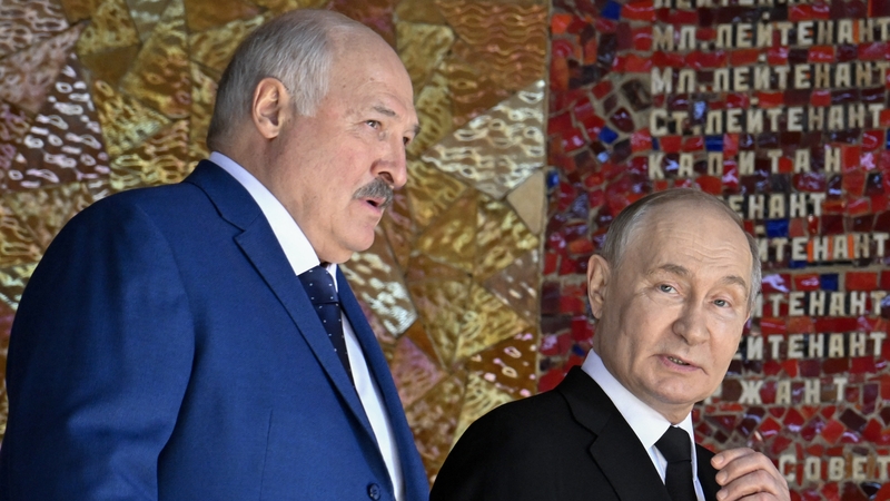 Russian President Vladimir Putin and Belarusian President Alexander Lukashenko pictured at a WWII wreath-laying ceremony in Russia