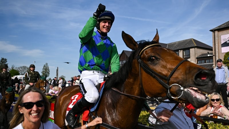 Jockey Danny Mullins celebrates after winning on Champ Kiely
