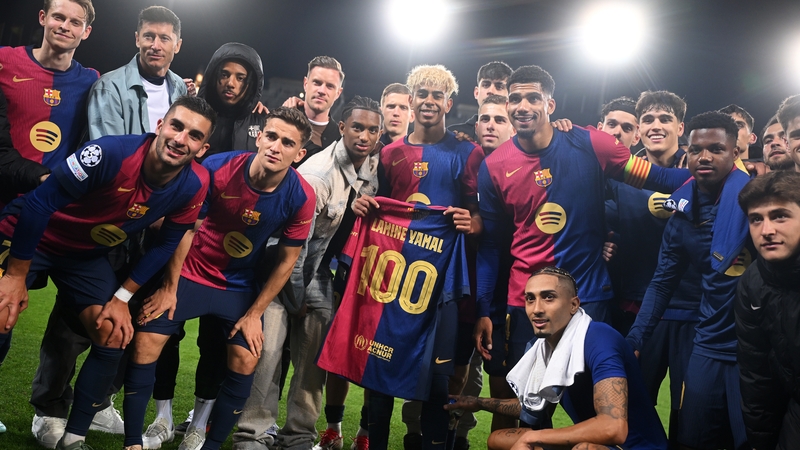 Lamine Yamal was presented with a jersey celebrating his hundredth appearance for Barcelona after the game
