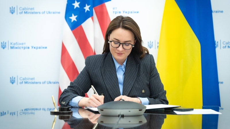 Ukraine's Economy Minister Yulia Svyrydenko signs the deal with Treasury Secretary Scott Bessent over an online call (Ukrainian Ministry of Economy/Handout)