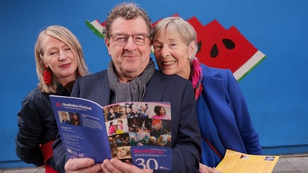  30th-anniversary programme for 2025 which takes place nationwide throughout May, including the opening weekend at Project Arts Centre Dublin, a Big Bealtaine Tea Party, and a variety of performances, discussions, workshops, and online activities. Pictured (L-R) at the launch at Project Arts Centre, Dublin are:Tara Byrne, Arts Programme Manager & Bealtaine Festival Artistic Director, Age & Opportunity with Bealtaine Ambassadors Mike Hanrahan and Liz McManus.. Photo:Barry Cronin