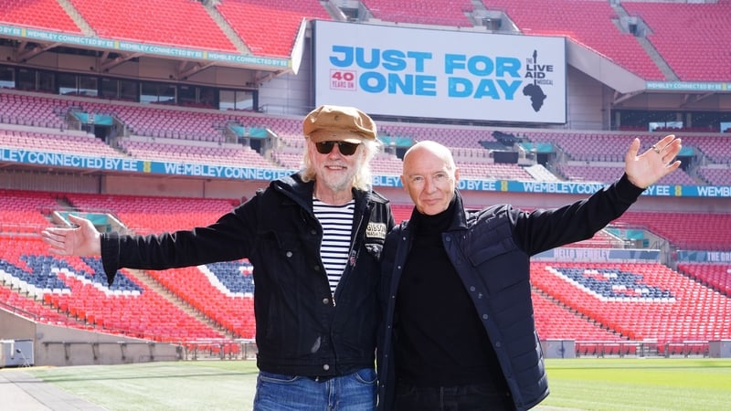 Bob Geldof (left) and Midge Ure during the launch event for the Live Aid musical Just For One Day at Wembley Stadium, London. Photo credit: Ian West/PA Wire