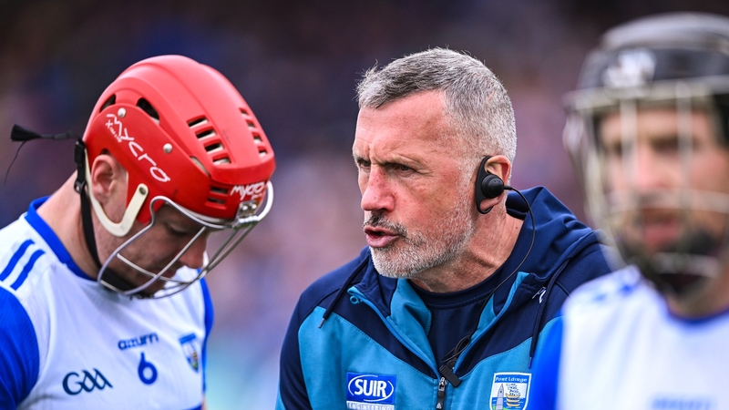 Waterford manager Peter Queally speaking to his players before last week's win over Clare