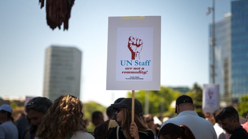 UN staff protesting in Geneva against deep funding cuts