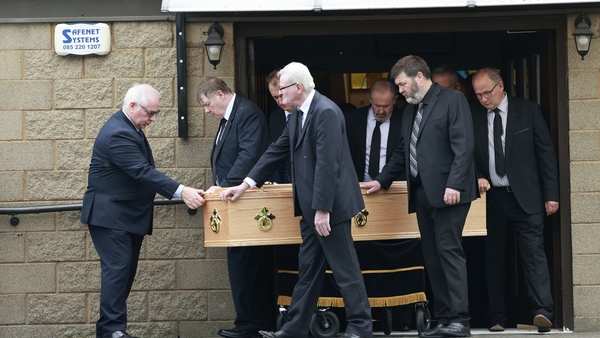 The coffin of former Bishop Brendan Comiskey is carried out of the Church of the Sacred Heart in Clondalkin