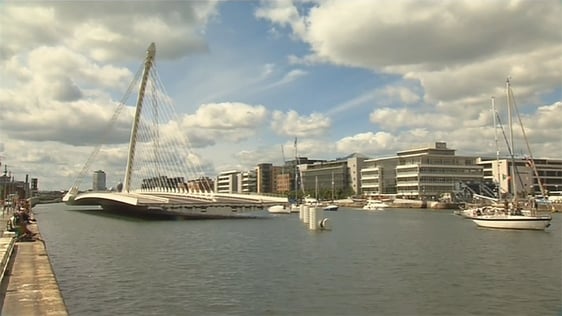 The Samuel Beckett Bridge opens to facilitate the movement of sailing craft on the River Liffey, 20…