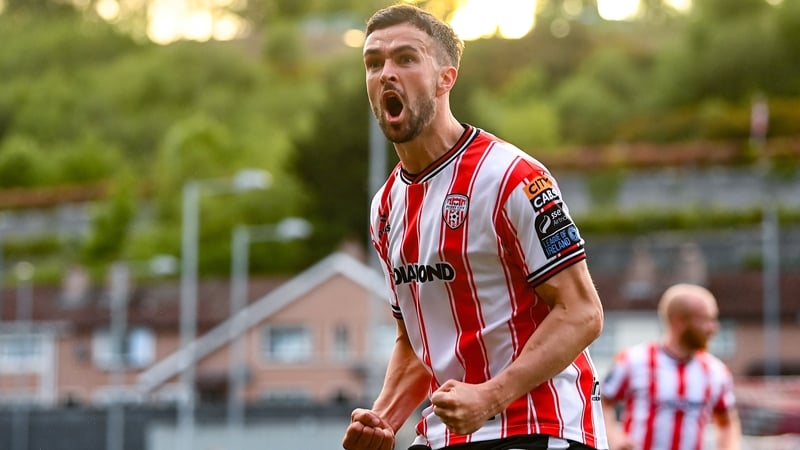 Derry City's Michael Duffy celebrates after opening the scoring against Shelbourne