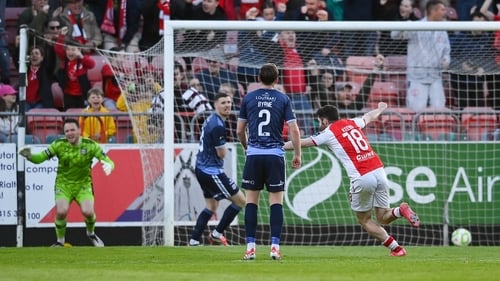 St Patrick's Athletic Aidan Keena of celebrates Kian Leavy's goal