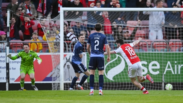 St Patrick's Athletic Aidan Keena of celebrates Kian Leavy's goal