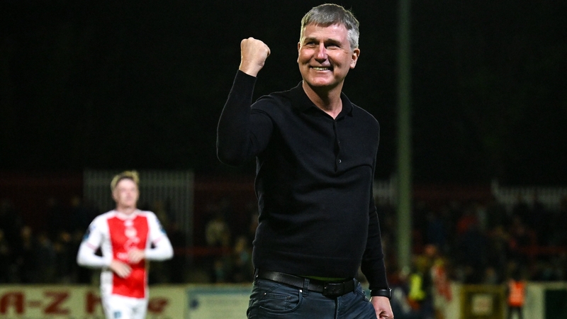 St Patrick's Athletic manager Stephen Kenny celebrates after his team beat Galway United