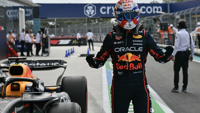 Max Verstappen celebrates after securing pole position