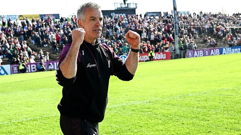 Galway manager Pádraic Joyce celebrates at the full-time whistle in Castlebar