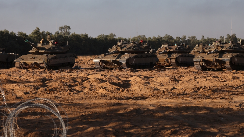 Israeli tanks at a position near Israel's border with Gaza