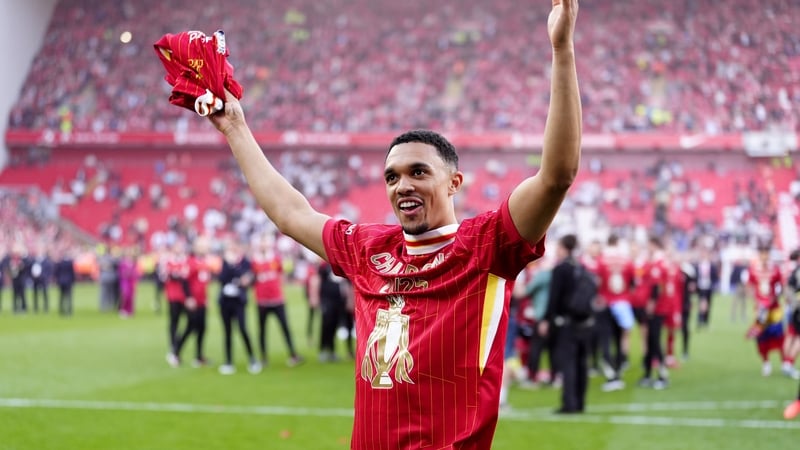 Trent Alexander-Arnold celebrates Liverpool's Premier League title victory at Anfield