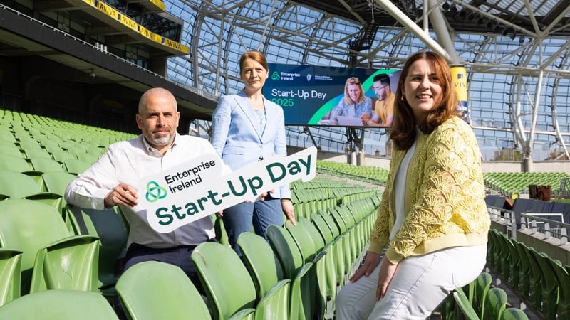 Joe Fernandez (Early Intervention Tools), Aideen Bodkin (StyleAI) and Aisling Browne (GlitchAds) at Enterprise Ireland's annual Start-Up Day Conference in Dublin