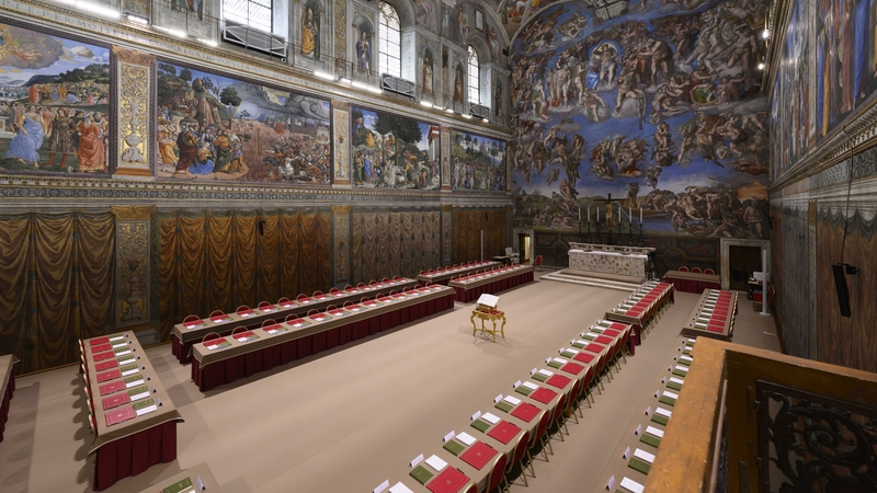 The Sistine Chapel prepared ahead of the start of the conclave yesterday