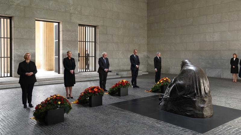 Wreaths were laid at the Neue Wache Memorial for Victims of War and Tyranny during commemorations to mark the 80th anniversary of the end of World War II in Berlin