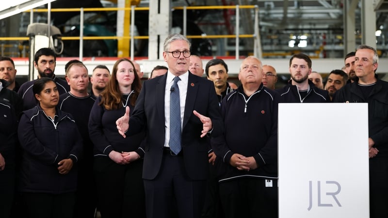 Keir Starmer speaks to the media, after the trade deal announcement, at the Jaguar Land Rover plant in England