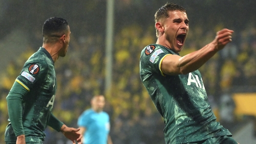 Micky van de Ven (R) celebrates after Dominic Solanke's goal for Tottenham Hotspur