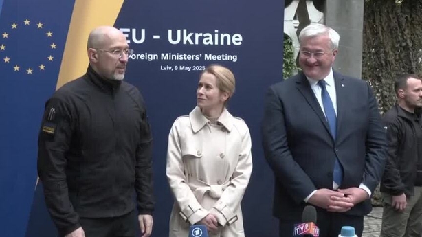 (L-R) Ukraine's Prime Minister Denys Shmyhal, EU's Kaja Kallas and Ukraine's foreign minister Andriy Sybiha in Lviv today 