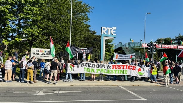 Protesters outside RTÉ in Dublin today