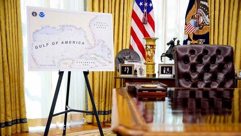 A poster of the renamed 'Gulf of America' in the Oval Office in March