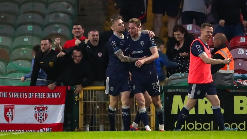 Kevin Holt of Derry City, right, celebrates after scoring his side's second goal