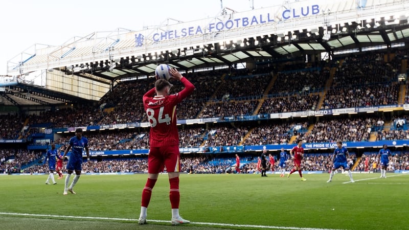 Conor Bradley takes a throw-in during the Premier League match between Chelsea and Liverpool at Stamford Bridge