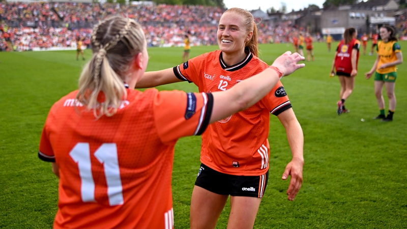 Blaithin Mackin (right) celebrates with two-goal hero Aoife McCoy Armagh as Armagh took the title