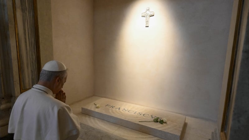 Pope Leo XIV kneeled before Pope Francis's simple marble tomb