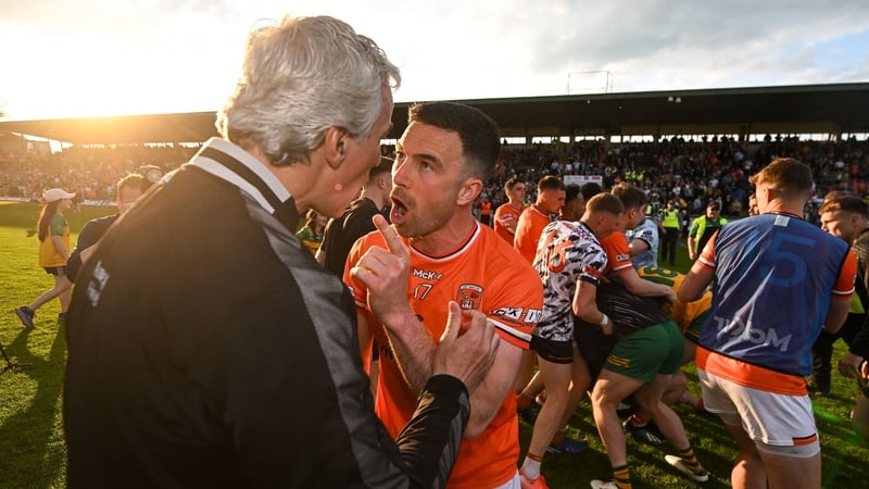 Armagh captain Aidan Forker confronts Donegal manager Jim McGuinness as a tussle breaks out after the Ulster football final in Clones at the weekend. Photo: David Fitzgerald/Sportsfile