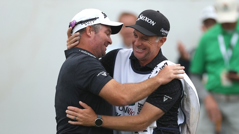 Ryan Fox celebrates with his caddie after claiming a first win in the United States