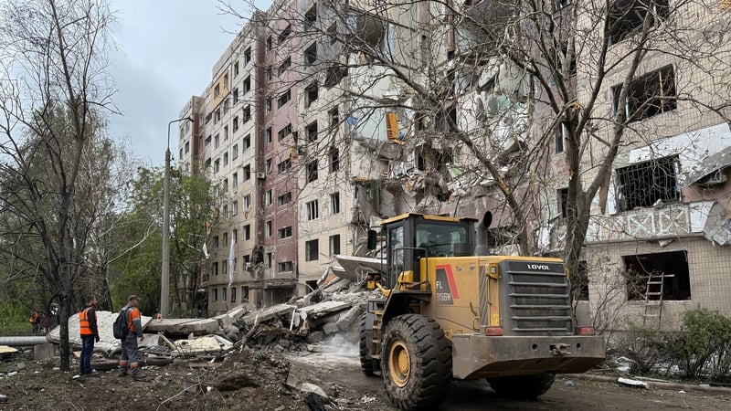 Rescuers search an apartment following a Russian strike in Kostiantynivka, Ukraine on 8 May