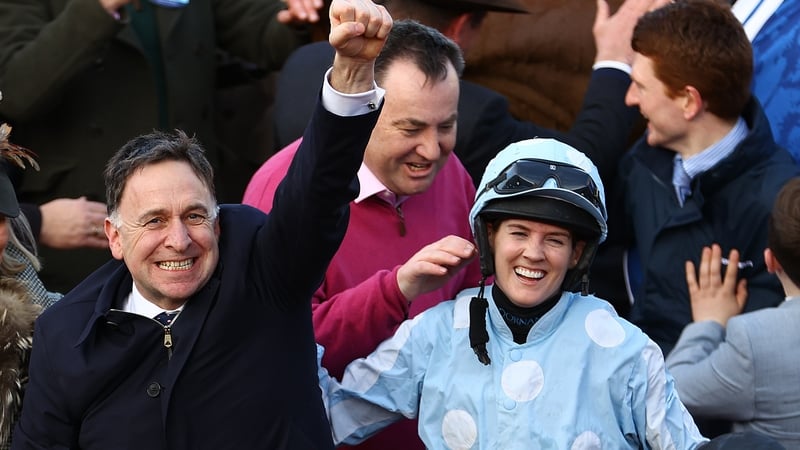 Henry de Bromhead and Rachael Blackmore celebrate after the victory of wondermare Honeysuckle on her final career outing in the Mares' Hurdle at the 2023 Cheltenham Festival