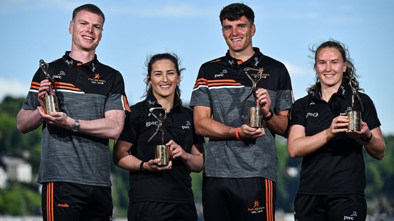 L-R: Meath footballer Mathew Costello, Offaly camogie player Mairéad Teehan, Cork hurler Brian Hayes and Kerry footballer Síofra O'Shea with their respective Player of the Month awards for April