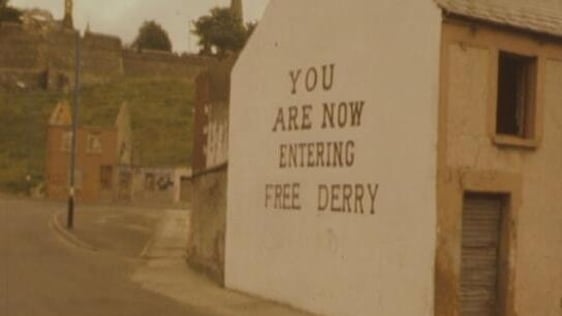 'You Are Now Entering Free Derry" slogan on the gable end of a house on The Bogside in Derry (1975)